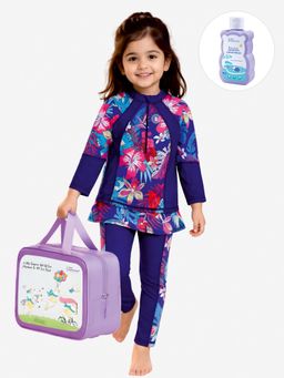 Little Surprise Box - Navy Blue Floral Full Sleeves Round Neck Swimsuit Sets