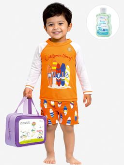 Little Surprise Box - Orange Colorblock Full Sleeves Round Neck Swimsuit Sets