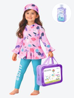 Little Surprise Box - Pink Printed Full Sleeves Round Neck Swimsuit Sets