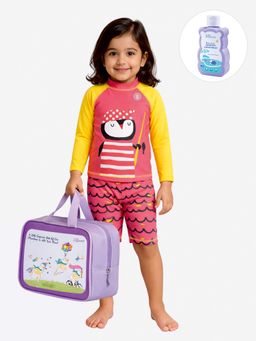 Little Surprise Box - Pink Colorblock Full Sleeves High Neck Swimsuit Sets