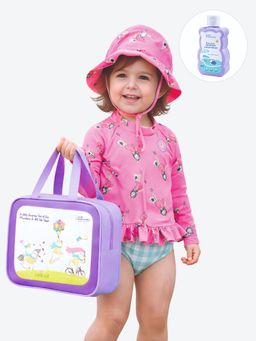 Little Surprise Box - Pink Printed Full Sleeves Round Neck Swimsuit Sets