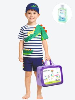 Little Surprise Box - White Stripes Half Sleeves Round Neck Swimsuit Sets