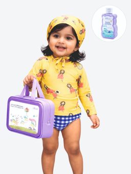 Little Surprise Box - Yellow Printed Full Sleeves Round Neck Swimsuit Sets