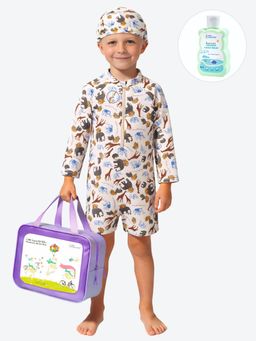 Little Surprise Box - Cream Printed Full Sleeves Round Neck Swimsuit Sets