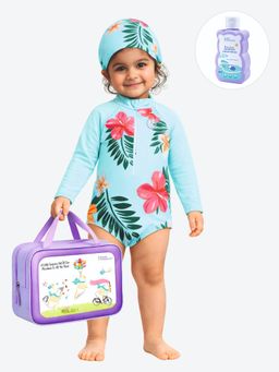 Little Surprise Box - Blue Printed Full Sleeves Round Neck Swimsuit Sets