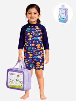 Little Surprise Box - Navy Blue Printed Full Sleeves Round Neck Swimsuit Sets