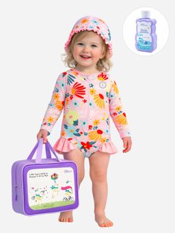 Little Surprise Box - Pink Printed Full Sleeves Round Neck Swimsuit Sets