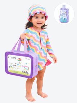 Little Surprise Box - Pink Printed Full Sleeves Round Neck Swimsuit Sets