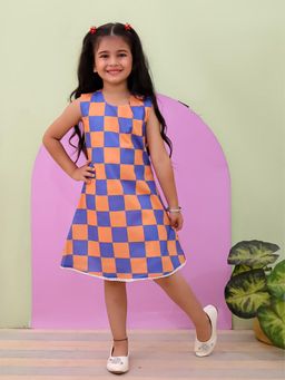 VASTRARTH - Purple Checks Sleeveless Round Neck Dress