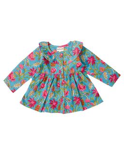 VASTRARTH - Teal Printed Full Sleeves Round Neck Dress