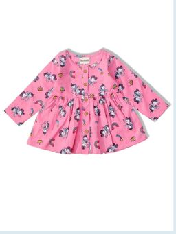 VASTRARTH - Pink Printed Full Sleeves Round Neck Dress