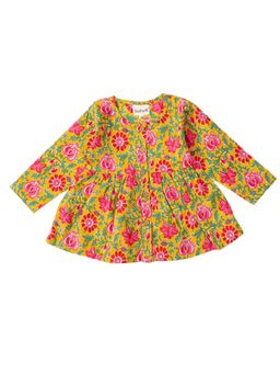 VASTRARTH - Yellow Floral Full Sleeves Round Neck Dress