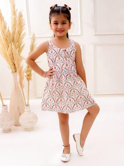 VASTRARTH - White Printed Sleeveless Round Neck Dress