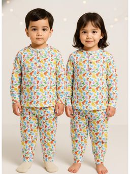 VASTRARTH - White Printed Full Sleeves Round Neck Kurta And Pyjama