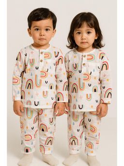 VASTRARTH - White Printed Full Sleeves Round Neck Kurta And Pyjama