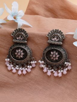 Karatcart - Oxidised Silver Floral Design Monalisa Stone Studded Pink Dangler Earrings