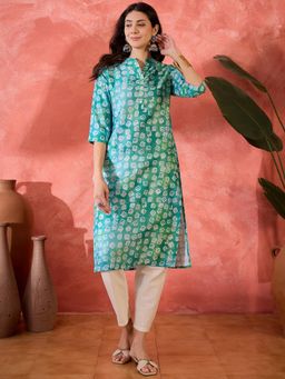 Four Steps - Green Printed Straight Fit Kurta