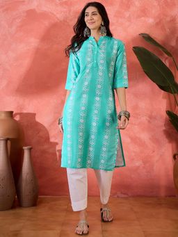 Four Steps - Green Printed Straight Fit Kurta