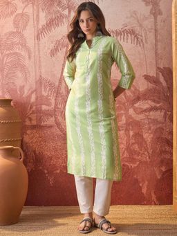 Four Steps - Green Printed Straight Fit Kurta