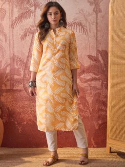 Four Steps - Orange Printed Straight Fit Kurta