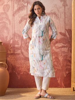 Four Steps - Grey Printed Straight Fit Kurta