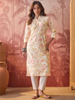 Four Steps - Orange Colour Printed Straight Fit Kurta