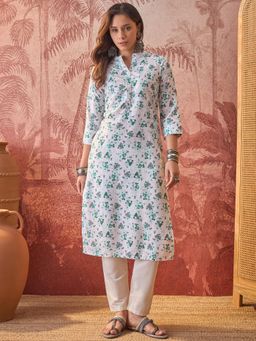 Four Steps - White Colour Printed Straight Fit Kurta