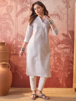 Four Steps - Grey Colour Printed Straight Fit Kurta