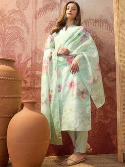 Four Steps - Green Floral Printed Jacquard Kurta with Pant and Dupatta