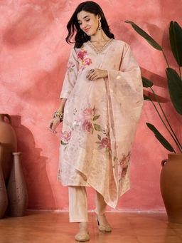 Four Steps - Peach Floral Printed Jacquard Kurta with Pant and Dupatta