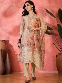 Four Steps - Beige Floral Printed Jacquard Kurta with Pant and Dupatta