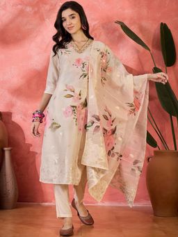 Four Steps - Cream Floral Printed Jacquard Kurta with Pant and Dupatta