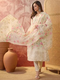 Four Steps - Cream Floral Printed Jacquard Kurta with Pant and Dupatta