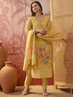 Four Steps - Mustard Floral Printed Jacquard Kurta with Pant and Dupatta