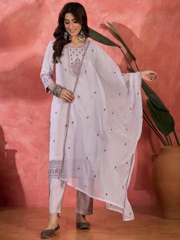 Four Steps - Lavender Roman Silk Embroidered Kurta with Pant and Dupatta