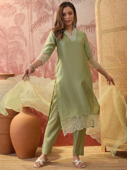 Four Steps - Green Embroidered Kurta with Pant and Dupatta