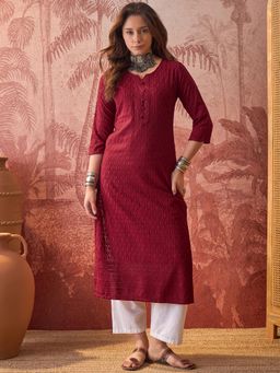 Four Steps - Maroon Lakhnavi Embroidered Kurtas