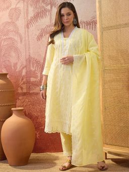 Four Steps - Yellow Pure Cotton Schiffly Kurta with Pant and Dupatta