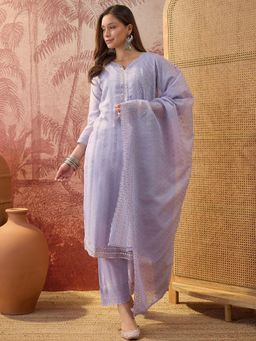 Four Steps - Purple Pure Cotton Schiffly Kurta with Pant and Dupatta