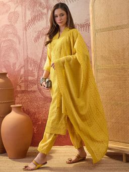 Four Steps - Mustard Mul Chanderi Silk Schiffly Kurta with Pant and Dupatta