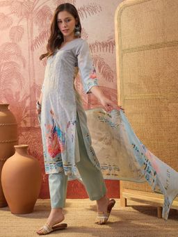 Four Steps - Grey Schiffli Embroidered Kurta with Pant and Dupatta