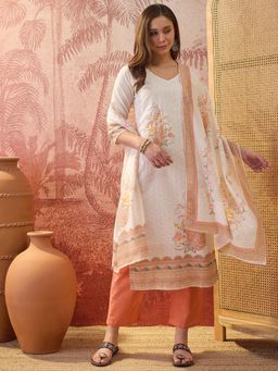 Four Steps - Off White Schiffli Embroidered Kurta with Pant and Dupatta