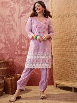 Four Steps - Lavender Chanderi Schiffliy Co-Ord Sets