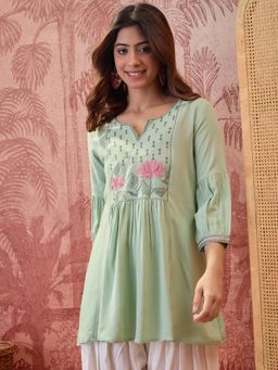Four Steps - Green Embroidered Short Kurti