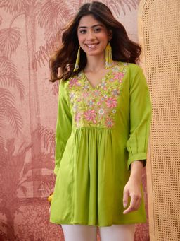 Four Steps - Green Embroidered Short Kurti