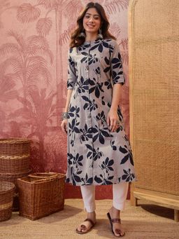 Four Steps - Grey Flower Printed Aline Kurta