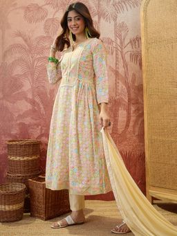 Four Steps - Yellow Pure Cotton Printed Kurta with Pant and Dupatta