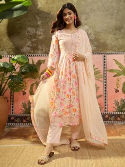 Four Steps - Peach Pure Cotton Printed Kurta with Pant and Dupatta