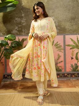 Four Steps - Yellow Pure Cotton Printed Kurta with Pant and Dupatta