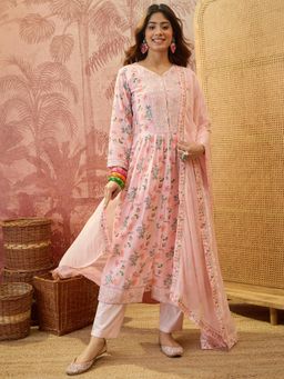 Four Steps - Pink Pure Cotton Printed Kurta with Pant and Dupatta